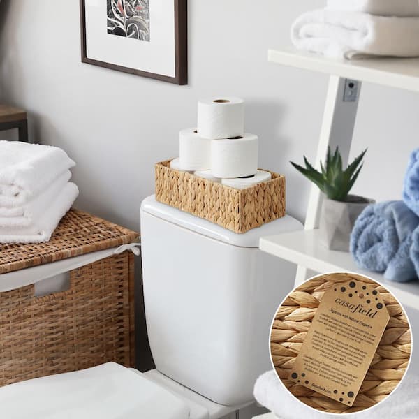 Casafield Brown Natural 16 in. x 4.25 in. Wicker Woven Water Hyacinth Decorative Baskets Bathroom Storage Bins (Set of 2)
