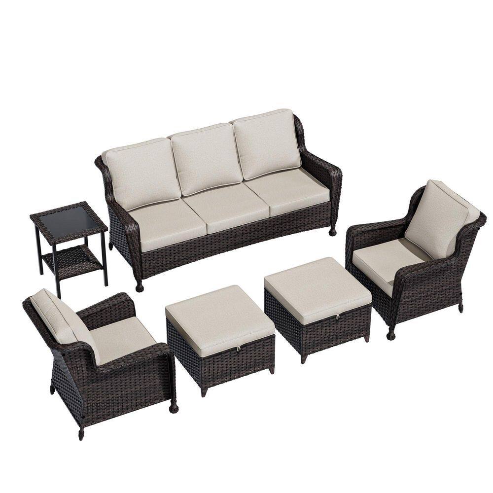 Elegant 6-Piece Wicker Outdoor Patio Conversation Set with Ottoman, Side Table and Beige Cushions price history on PriceWatchPro
