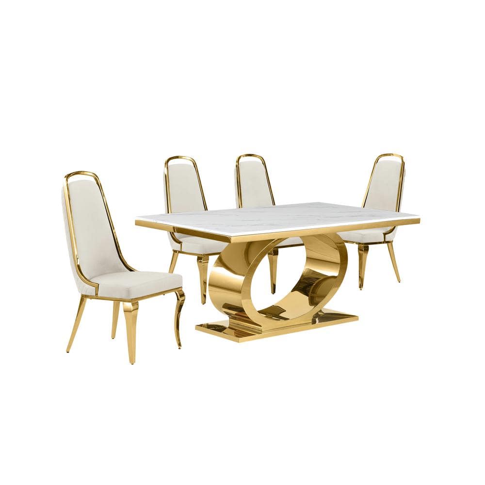 Cream and Gold Marble Top Pedestal Dining Set with 4 Chairs