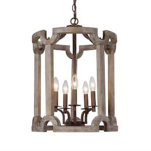 5-Light Distressed Wood and Iron Farmhouse Drum Chandelier Add a Touch Of Rustic Elegance To Their Dining Room or Foyer