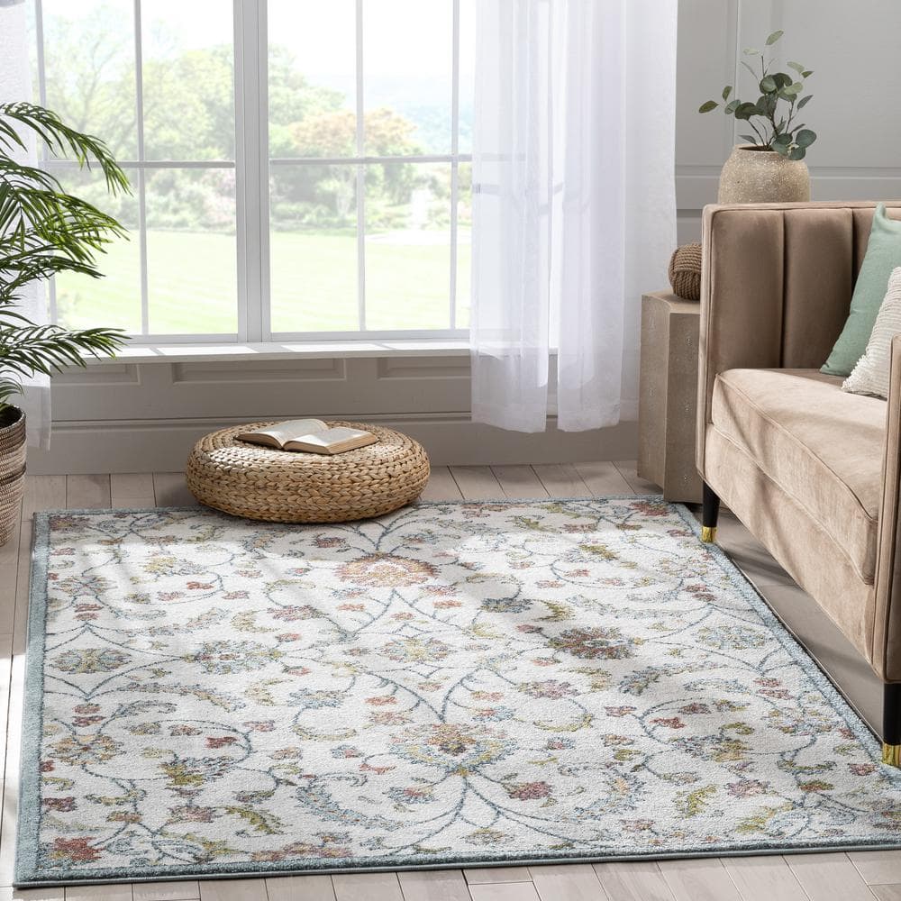 Ivory Rectangular Stain-Resistant Oriental Area Rug