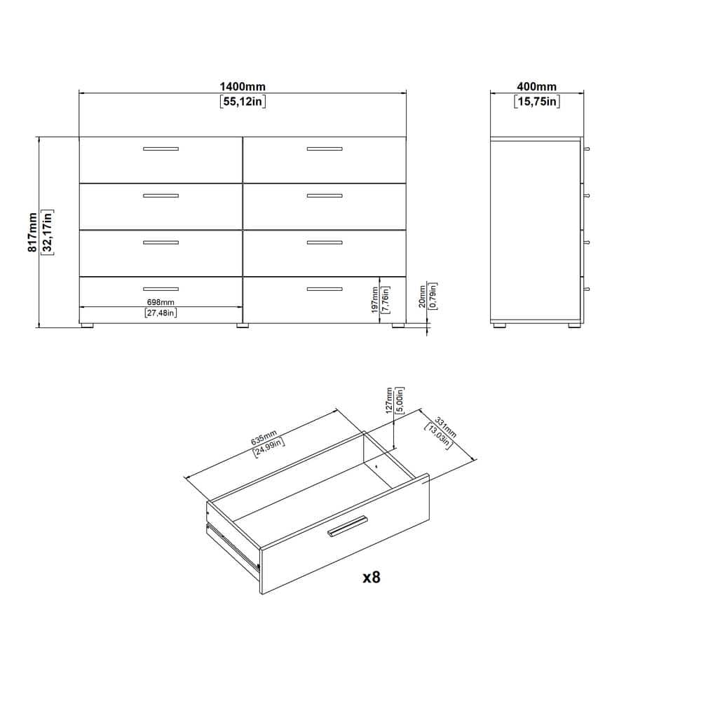 White MDF Double Dresser with 8 Horizontal Drawers