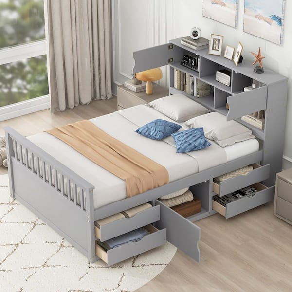 Gray Wood Frame Full Size Captain Platform Bed with Storage Headboard, Bookcases, Shelves