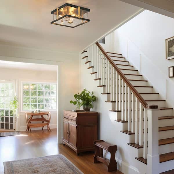 3-Light Flat Black Flush Mount Light with Square Seeded Glass Panels, 12 in. Modern Dark Gold Ceiling Light for Entryway