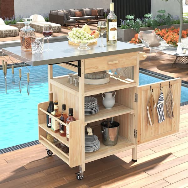 Natural Stainless Steel Top Kitchen Cart with Drop Leaf, Lockable Wheels, 100% Fir Wood Grill Cart, Outdoor Available
