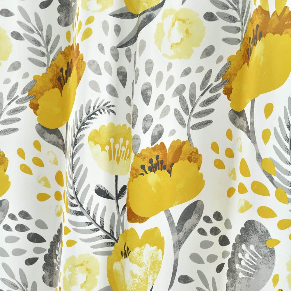 Yellow and White Floral Polyester Room Darkening Curtain Panels