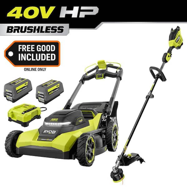 40V HP Brushless 21 in. Cross Cut Self-Propelled All Wheel Drive Mower with 17" String Trimmer, (2) Batteries & Chargers