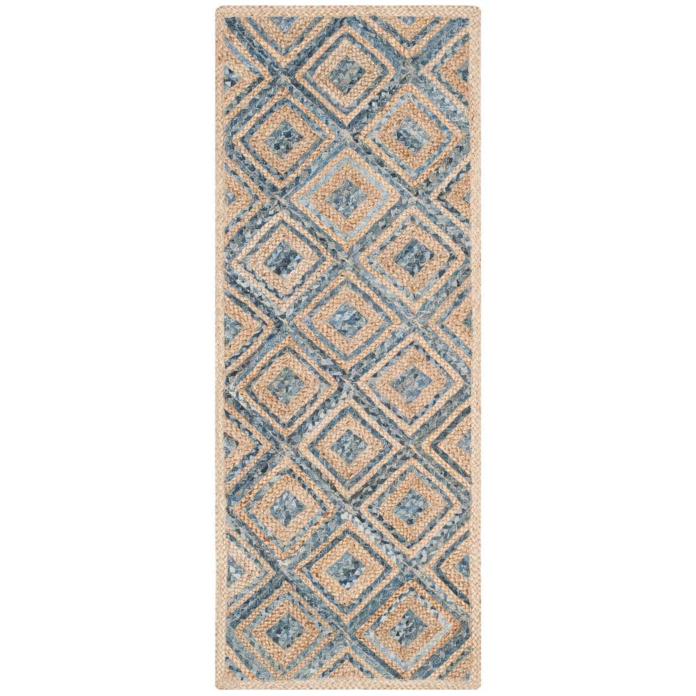 Hand-Woven Natural and Blue Geometric Jute Runner Rug