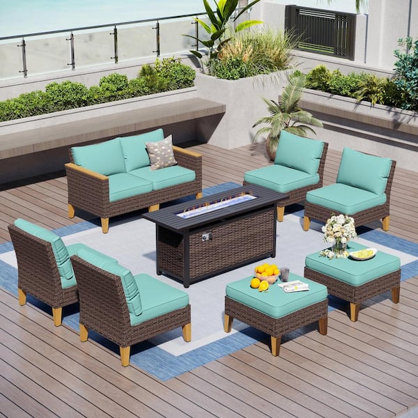 PHI VILLA Brown Rattan Wicker 8 Seat 9-Piece Steel Outdoor Patio Conversation Set with Blue Cushions, Rectangular Fire Pit Table