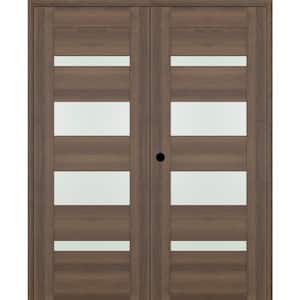 Vona 07-01 60 in. x 80 in. Right Active 4-Lite Frosted Glass Pecan Nutwood Wood Composite Double Prehung Interior Door