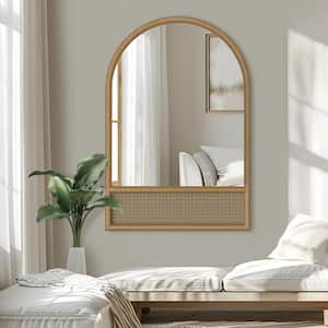 24 in. W x 36 in. H Wood Bottom Rattan Arch Hanging Mirror Glam Classic Wood Color Wall Mirror