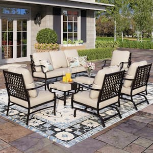 Black Meshed 9-Seat 7-Piece Metal Outdoor Patio Conversation Set with Beige Cushions,2 Motion Chairs and 2 Ottomans