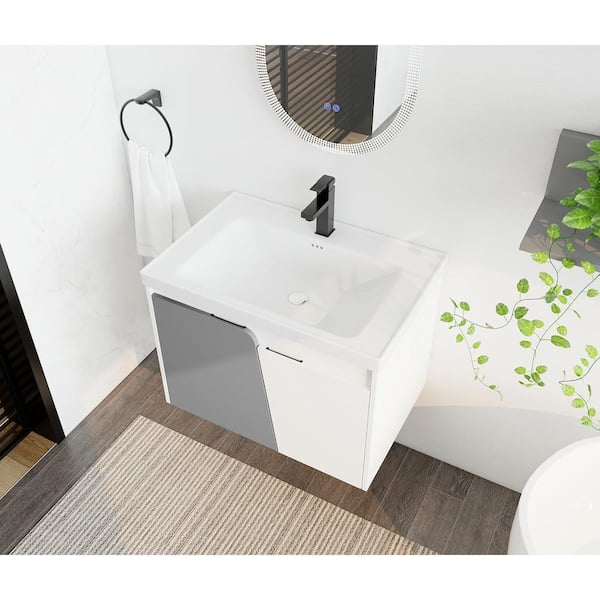 Staykiwi 28 in. W x 18.5 in. D x 21 in. H Single Sink Floating Bath Vanity in White with White Ceramic Basin Top