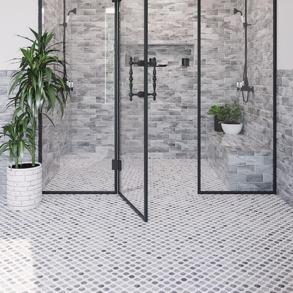 Apollo Tile (Sample) Floor and Wall Tile Gray and White 4-in x 4-in Polished Marble Penny Round Patterned Floor and Wall Tile