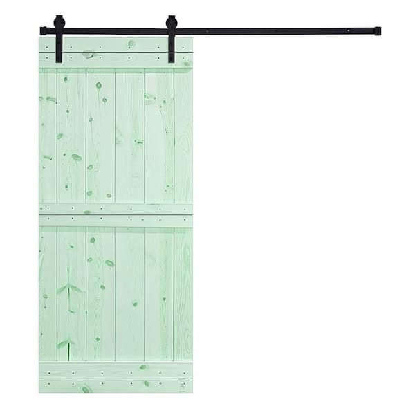 AIOPOP HOME Mid-Bar Series 38 in. x 84 in. Mint Green Stained Knotty Pine Wood DIY Sliding Barn Door with Hardware Kit