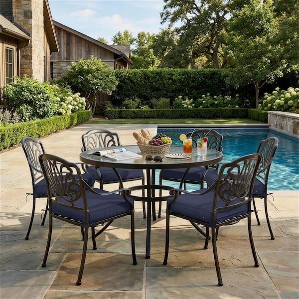 18.5 x 16 x 4 in. (6-Pack) Outdoor Waterproof Patio Furniture Replacement Seat Cushions with Ties and Handle, Navy Blue