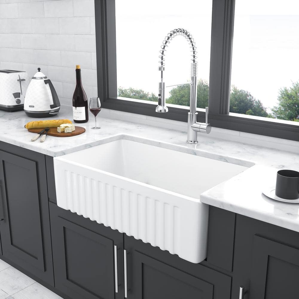 White Fireclay 30 in. Single Bowl Farmhouse Apron Front Kitchen Sink with B