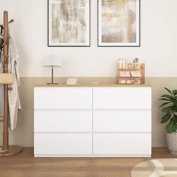 White Wood 47.2 in. W Large Storage Cabinet with 6 Drawers