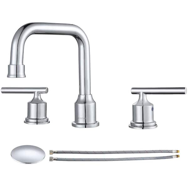 WOWOW 8 in. Widespread Double Handle Bathroom Faucet with Drain Kit in Polished Chrome