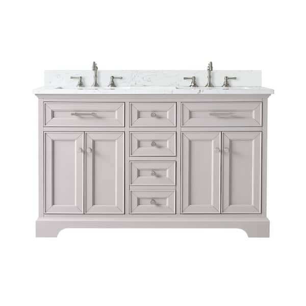 Thompson 54 in., W x 22 in., D Bath Vanity in Taupe with Engineered Stone Top in Carrara White with White Sinks