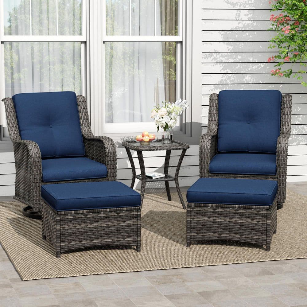 5-Piece Wicker Patio Conversation Furniture Set with Swivel Rocking Chairs and Blue Cushions price history on PriceWatchPro