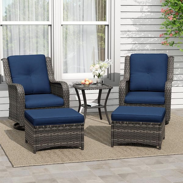 5-Piece Wicker Outdoor Patio Conversation Set Swivel Rocking Chair Set with Blue Cushions