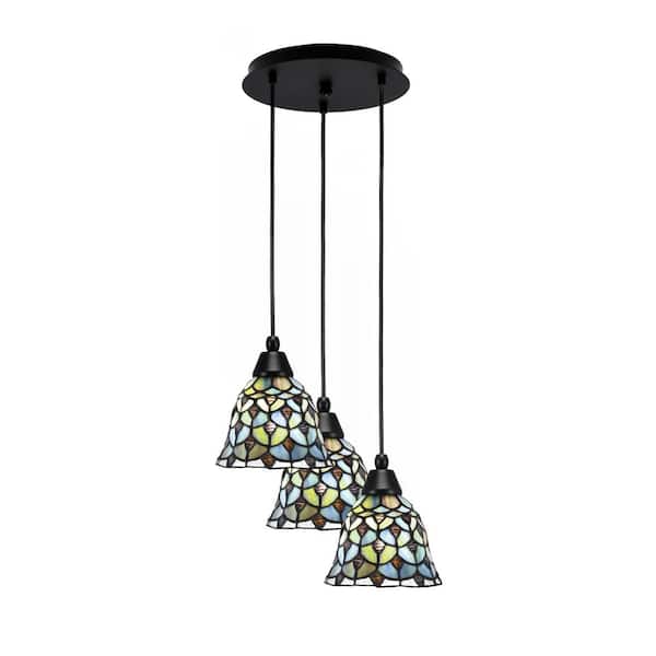 Unbranded Savannah 9.25 in. 3-Light Matte Black Cord Pendant Light Crescent Art Glass Shade