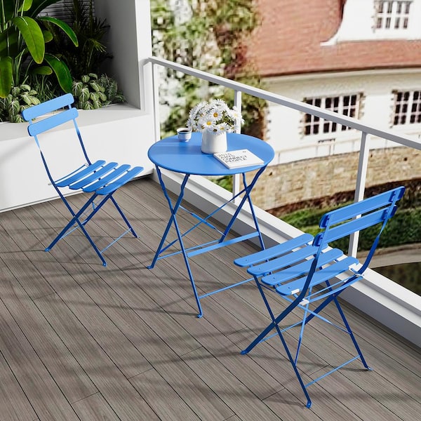 Unbranded Blue 3-Piece Rust Resistant Metal Outdoor Bistro Set with Beige Cushions, Foldable and Portable
