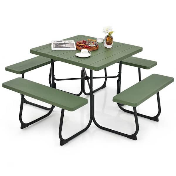 Costway 67 in. Green Square Metal Picnic Table Set 8-Person with 4 Benches and Umbrella Hole
