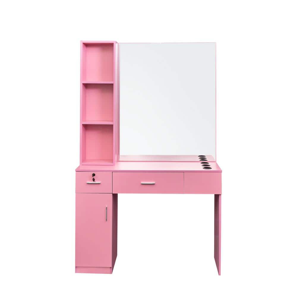 Pink Wall Mount Barber Station Hair Styling with Mirror Makeup Vanity Dress