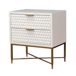 White and Gold 2-Drawer Honeycomb Mahogany Wood Nightstand (24 in. L x 16 in. W x 26 in. H)