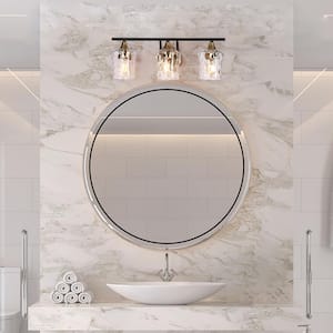 20 in. Modern 3-Light Black Wall Sconce Brass Gold Transitional Bath Lighting Water Glass Shade Bathroom Vanity Light