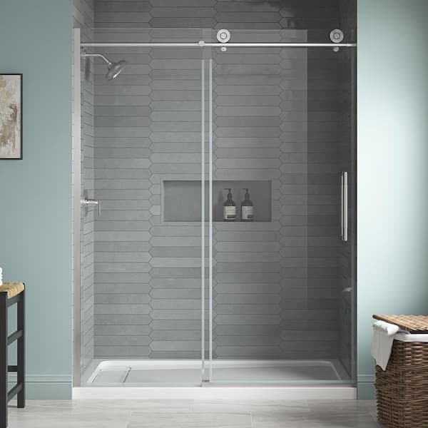 Home Decorators Collection Dylan 60 in. W x 75.98 in. H Sliding Frameless Shower Door in Brushed Nickel Finish with Clear Glass