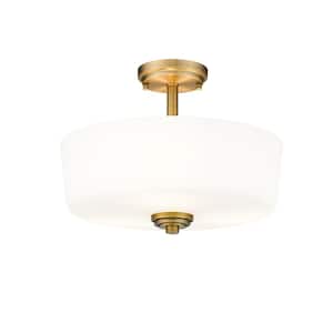 Arlington 14.75 in. 3-Light Heritage Brass Semi Flush Mount Light with Glass Shade
