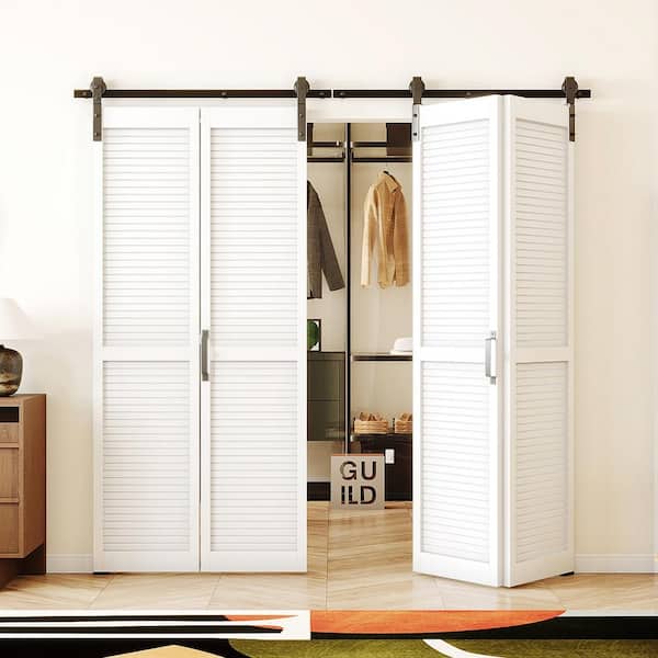 TENONER 72 in. x 84 in. (Double 36 in. Doors) White, Finished, MDF, Bi-Fold Style, Louvered Sliding Barn Door with Hardware Kit