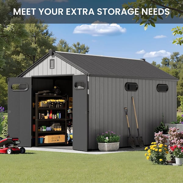 8 ft. x 12 ft. Outdoor Resin Storage Shed in Light Gray Weather Resistant Patio Tool Shed with Lockable Door and Floor