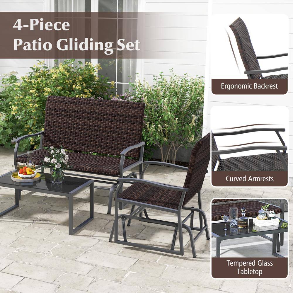 Mix Brown PE Rattan 4-Piece Patio Gliding Set with Tempered Glass Coffee Table