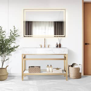 Ecija 48 in.W x 22 in.D x 33.9 in.H Single Sink Bath Vanity in Brushed Gold with White Stone Top