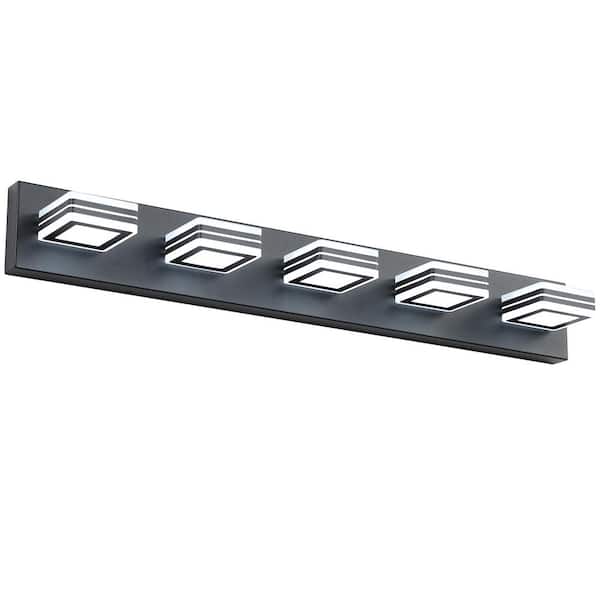 VEVETTA 32.2 in. 5-Light Black LED Vanity Light Over Mirror with Frosted Acrylic Shade with 360° Rotatable Joint for Bathroom