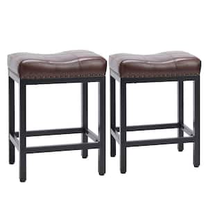 24 in. Brown Backless Metal Frame Counter Height Bar Stool PU Leather Saddle Stools (Set of 2)
