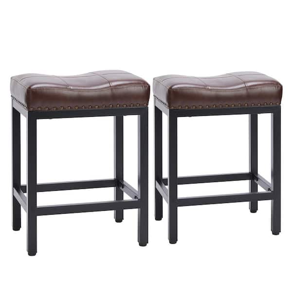 FIRNEWST 24 in. Brown Backless Metal Frame Counter Height Bar Stool PU Leather Saddle Stools (Set of 2)