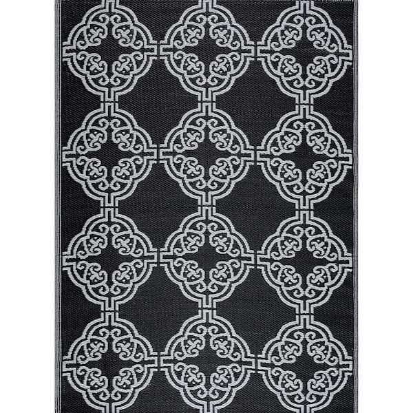 Marrakech Black White 6 ft. x 9 ft. Reversible Recycled Plastic Indoor/Outdoor Area Rug-Floor Mat