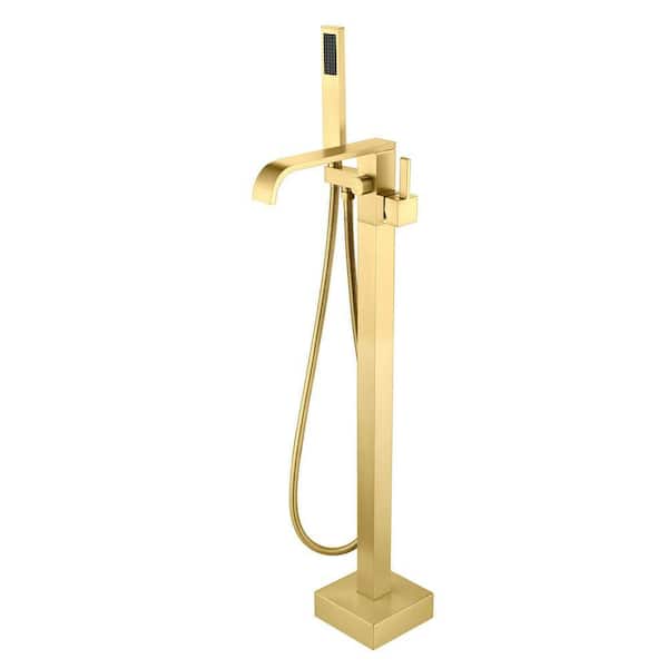Single-Handle Freestanding Tub Faucet Floor Mounted with Handheld Hand Shower in Brushed Gold