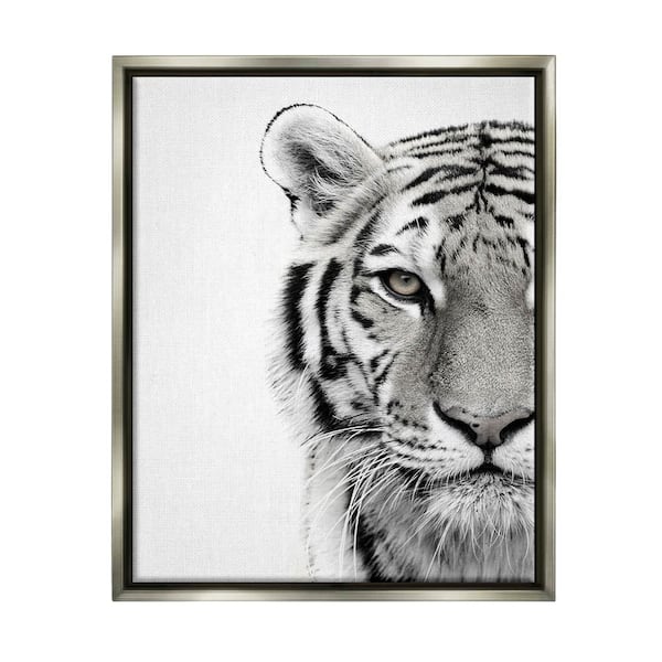 The Stupell Home Decor Collection White Tiger Close Up Black and White Photography by Design Fabrikken Floater Frame Animal Wall Art Print 21 in. x 17 in.