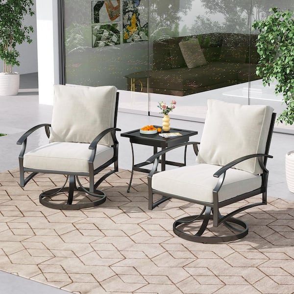 3-Piece Metal Swivel Outdoor Rocking Chairs Patio Conversation Set with Beige Cushions