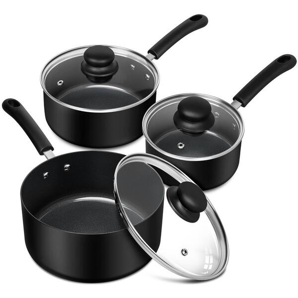 3 Piece Black Ceramic Nonstick Aluminum Saucepan Set with Glass Lid Fast Even Heating Easy Clean for All Stovetops