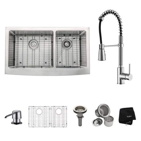 KRAUS All-in-One Farmhouse Apron Front Stainless Steel 35.9 in. Double Bowl Kitchen Sink with Chrome Faucet