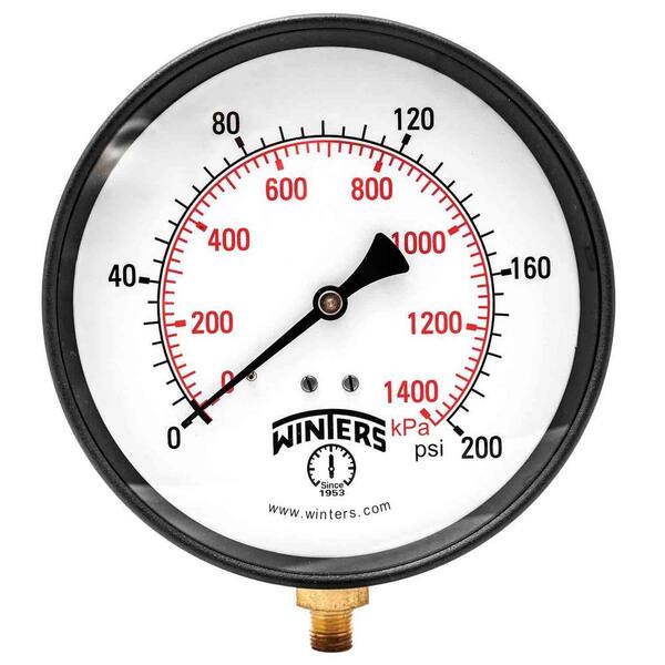 Winters Instruments P1S 100 Series 6 in. Steel Case Pressure Gauge with 1/4 in. NPT Bottom Connect and Range of 0-200 psi/kPa