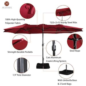 15 ft. Large Double-Sided Outdoor Twin Patio Market Umbrella in Burgundy with Crank and Base