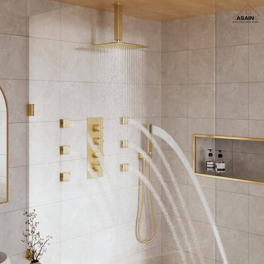 Brushed Gold 12" Stainless Steel Ceiling Mounted Shower System with 6 Body Jets